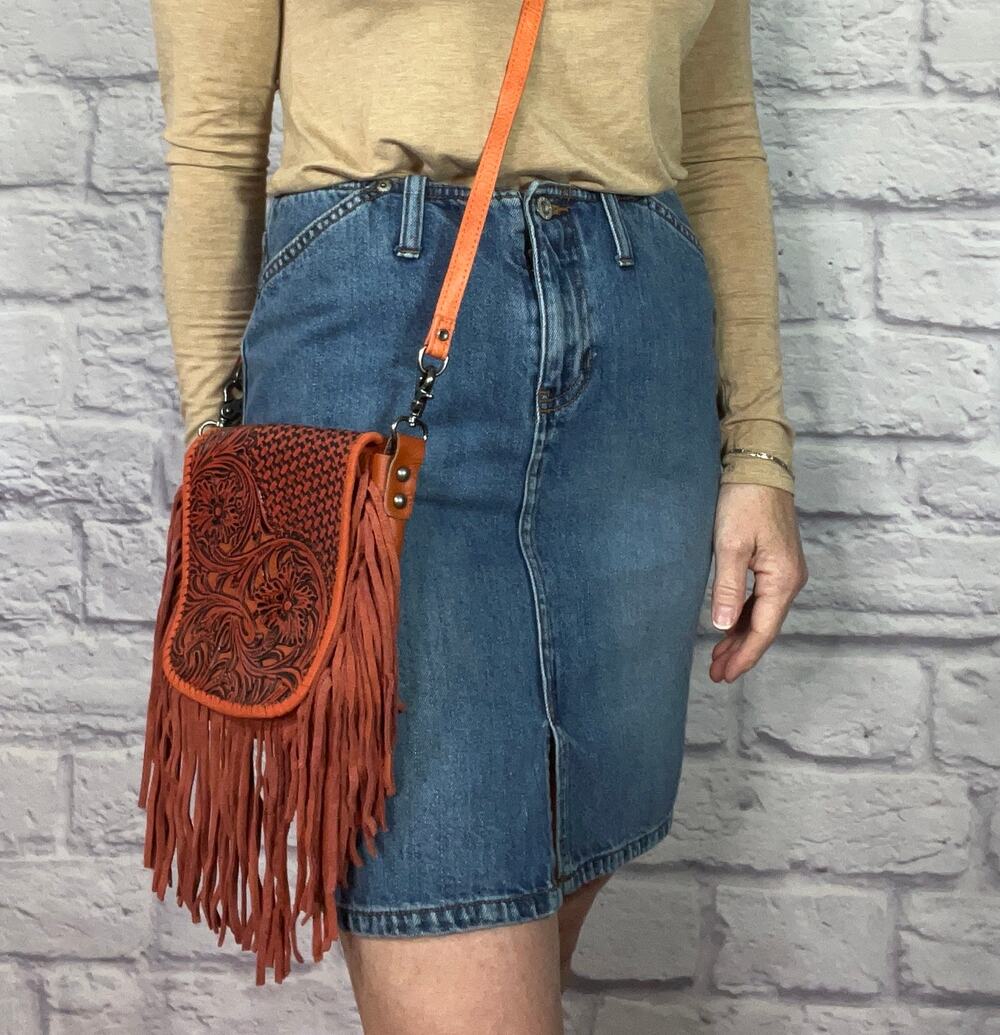 Montana West Tooled Leather Fringe Crossbody Bag